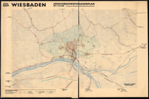 Ein gerahmter, detaillierter alter Stadtplan von Wiesbaden, Deutschland, der Straßen, Gebäude, Sehenswürdigkeiten und Text mit Informationen zur Bevölkerung, Straßen und Sehenswürdigkeiten zeigt.