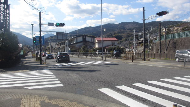 Stadtstraße mit fahrenden Autos, Zebrastreifen, Strommasten mit Kabeln, Ampeln, Gebäuden mit Fenstern, Bäumen, fernen Hügeln und einem bewölkten Himmel.