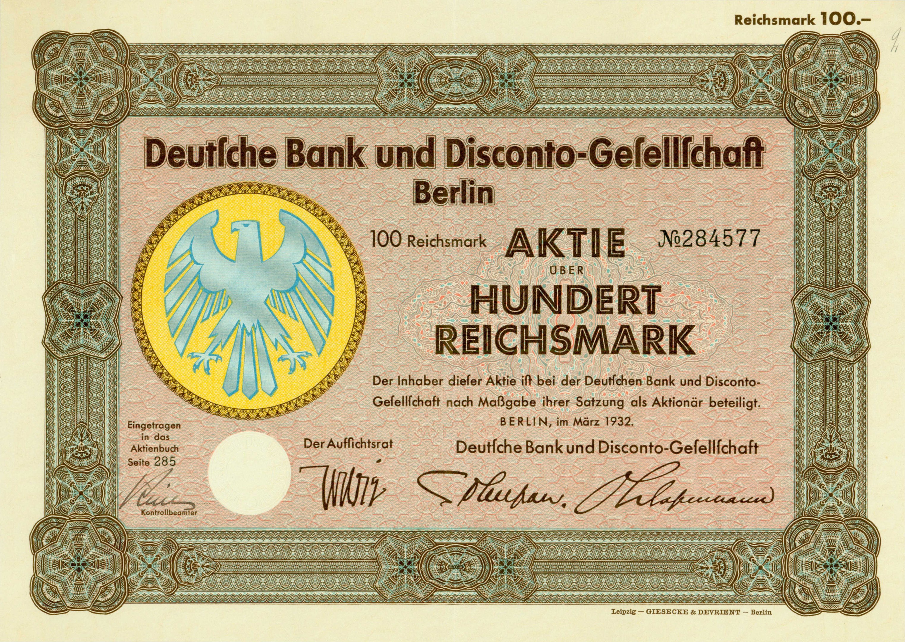 Deutscher Geldschein mit einer Vogeldarstellung und der Aufschrift "Deutsche Bank und Disconto-Gesellschaf Berlin".