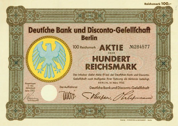 Deutscher Geldschein mit einer Vogeldarstellung und der Aufschrift "Deutsche Bank und Disconto-Gesellschaf Berlin".