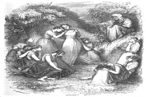 Eine Schwarz-Weiß-Zeichnung von mehreren Frauen, die in einem bewaldeten Gebiet stehen und sitzen, mit dem Text "Die Frauen im Garten Gethsemane" unten.