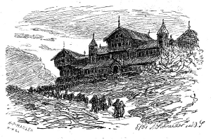 Eine Schwarz-Weiß-Zeichnung einer Kirche auf einem Feld mit ein paar Menschen davor und Text unten, der 'Hänsen, die Kirche des Heiligen Grabes' lautet.