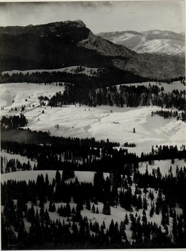 Schwarzes und weißes Foto einer schneebedeckten Gebirgskette mit Bäumen im Vordergrund und Himmel im Hintergrund, beschriftet mit "Sierra Nevada Ski Resort, California, USA" unten.
