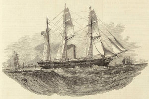 Eine Gravur eines Segelschiffs mit geblähten Segeln, das auf dem Meer segelt, mit anderen Schiffen im Hintergrund und Text unten.