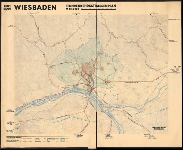 Ein gerahmter historischer Stadtplan von Wiesbaden, Deutschland, der Straßen, Gebäude und Sehenswürdigkeiten zeigt.