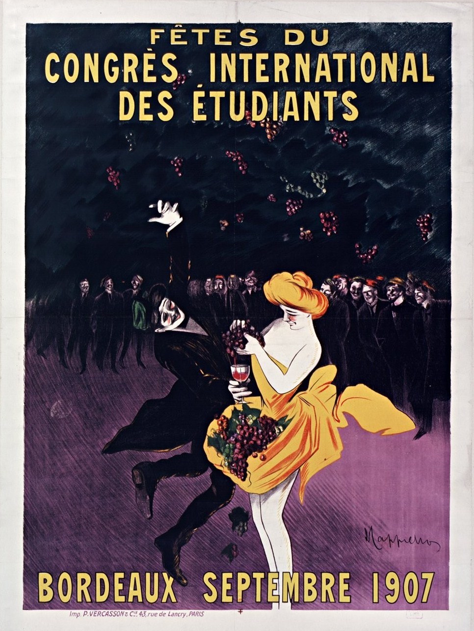 Plakat für eine Weinprobe im Jahr 1907 in Bordeaux, das eine Frau in einem gelben Kleid mit einem Weinglas in der Hand zeigt, umgeben von einer Menge, mit Text, der das Ereignis beschreibt.