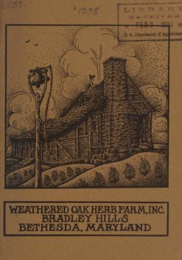 Schwarz-weiß-Illustration eines verwitterten Eichenkrauthauses mit der Beschriftung "Weathered Oak Herb Farm, Inc." inmitten saftiger grüner Wiesen mit ein paar Vögeln am Himmel.
