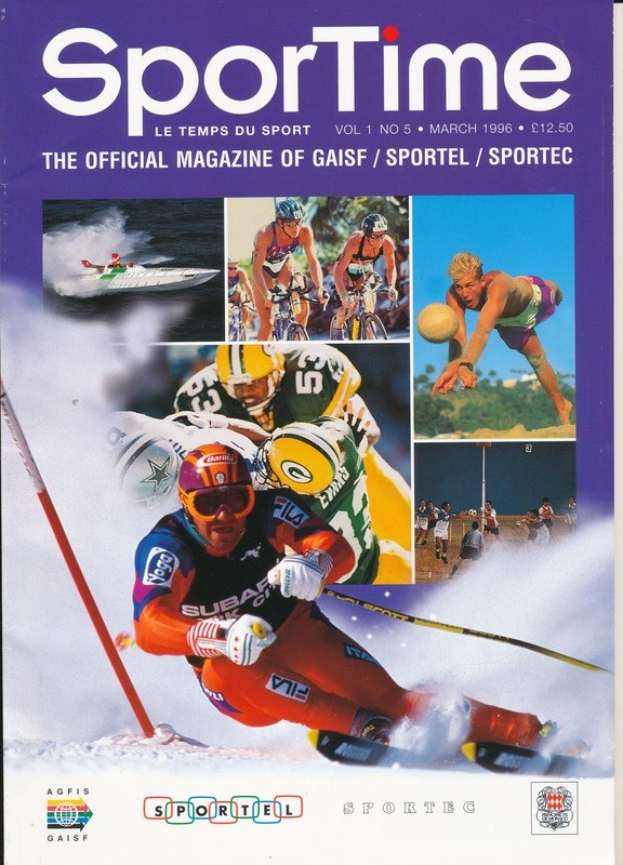 Titelbild von *Sporttime Magazine* März 1996, das Bilder von Skifahrern und Snowboardern neben Text und Logos zeigt.