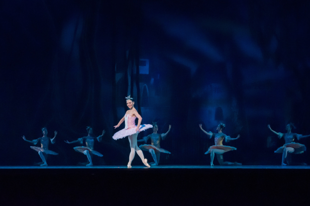 Eine Ballerina in einem rosafarbenen Tutu und Spitzenschuhen tanzt auf einer dunklen Bühne umgeben von anderen Tänzern in ähnlichen Kostümen.