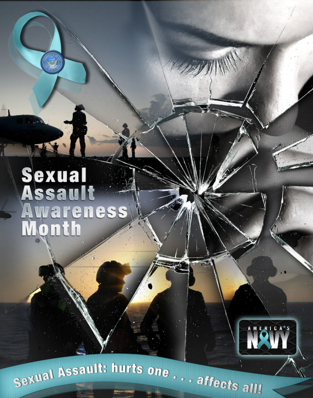 Plakat zum Sexual Assault Awareness Month mit einem zerbrochenen Glas umgeben von Silhouetten von Menschen, einem Flugzeug und Wasser, mit einem Logo unten.