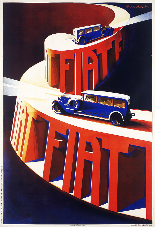 Blaue und rote Fiat-Autos auf einem Werbeplakat mit dem Markennamen "Fiat".