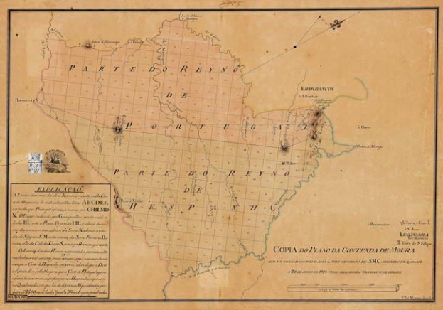 Ein altes Brasilien-Karte mit hervorgehobenen Provinzen, gerahmt und beschriftet mit "Copia do Plano da Contenda de Moura".
