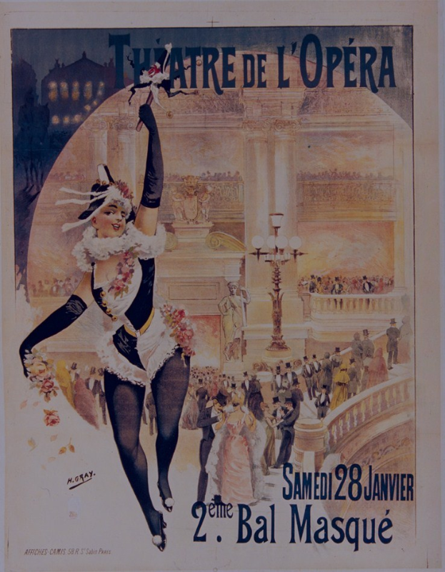 Plakat für das Théâtre de l'Opéra in Paris mit einer zentralen Frau umgeben von einer Menge, Laternen, einem Gebäude und Text.