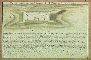 Eine alte Karte von Stuttgart, Deutschland, mit einem Schloss in der Mitte und begleitendem Text, der die Größe, den Standort und andere Merkmale des Schlosses beschreibt.