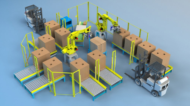 Eine Gruppe von automatisierten Robotern, die auf einem Fließband in einem Lager arbeiten und Kartons mit Fahrzeugen auf dem Boden handhaben.