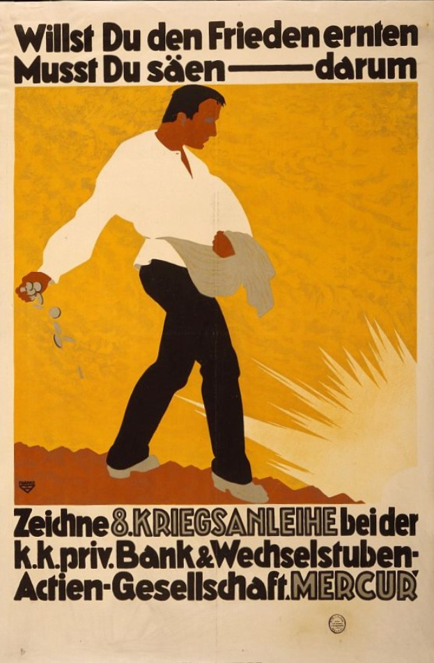 Ein deutsches Propagandaplakat für die Bank von Deutschland, das einen Mann in einem weißen Hemd und schwarzen Hosen zeigt, mit Textinformationen über die Bank und ihre Dienstleistungen.