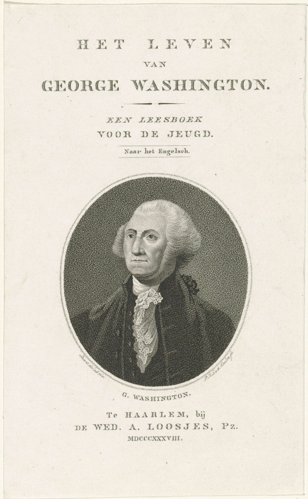 Porträt von George Washington auf Papier mit Text, der nach vorne schaut und einen ernsten Ausdruck hat, gekleidet mit Anzug und Krawatte.