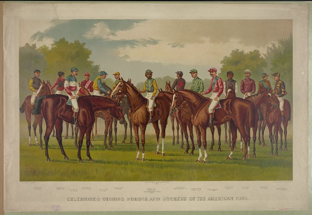 Gruppe von Menschen, die auf einem grünen Feld mit Bäumen und einem blauen Himmel reiten, mit Text unten: "Feier der Siegerpferde und Jockeys der amerikanischen Rennbahn".