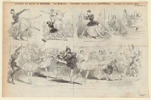 Eine Buchseite mit einer lebendigen Zeichnung einer Gruppe von Menschen, die im Einklang tanzen, begleitet von Text, der das Datum, die Uhrzeit und den Ort des Ereignisses angibt.