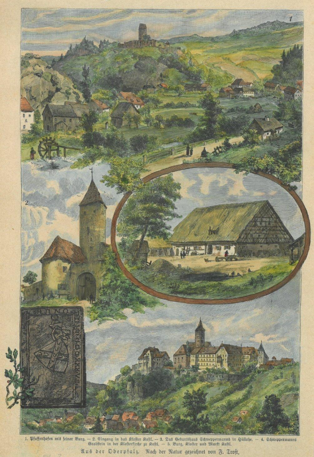 Ein altes Buch mit einer detaillierten Zeichnung eines Dorfes, umgeben von Häusern, Bäumen, Hügeln und einem bewölkten Himmel, beschriftet mit "Günterberg, Deutschland, 1857" unten.