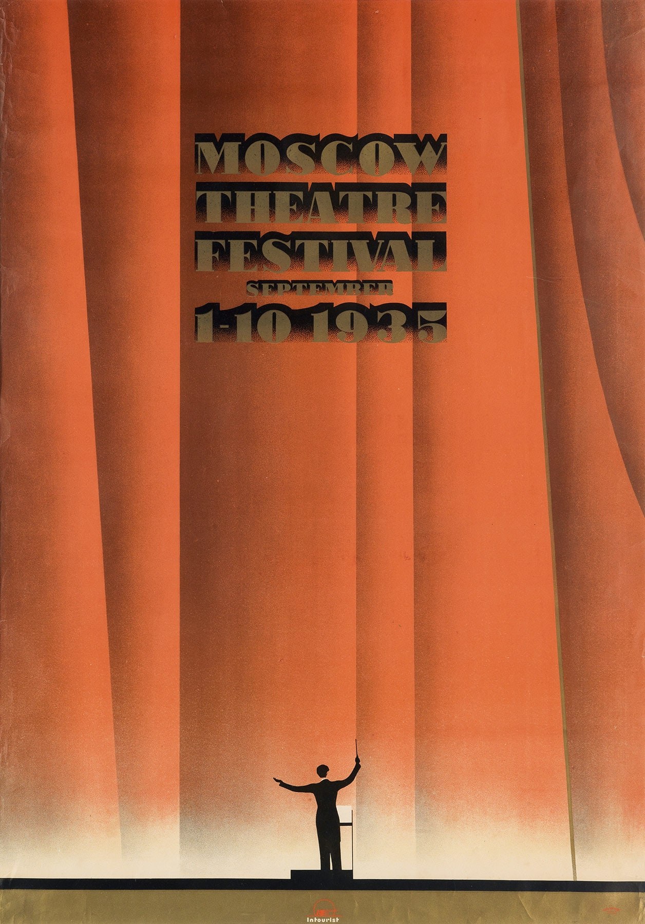 Plakat für das Moskauer Theaterfestival 1935 mit einer Person vor einem Vorhang mit Festivaldetails