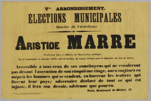Ein altes Plakat mit den Worten "Elections Municipales Aristide Marre" auf einem weißen Hintergrund.