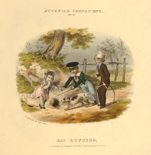 Ein Kindesbild von drei Kindern, die mit einem Hund in einem Park spielen, umgeben von Bäumen, Pflanzen und einem Zaun, mit Text unten.