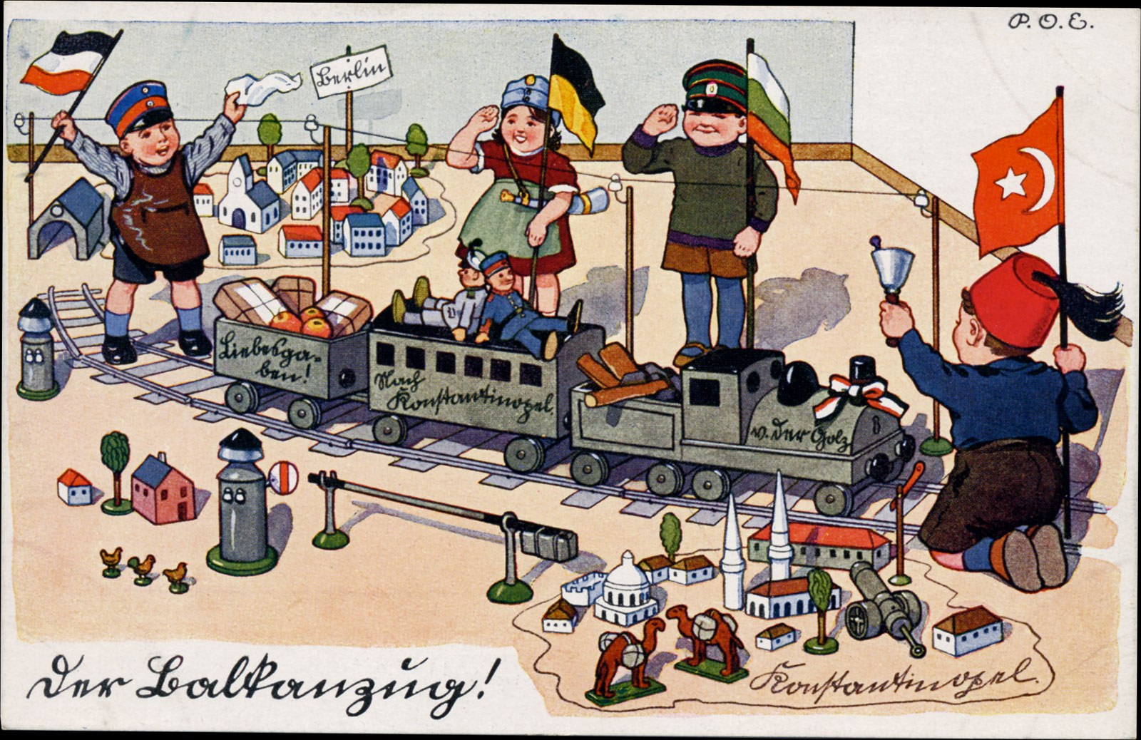 Kinder spielen mit einem Spielzeugrennzug auf einem Bahngeleise in einer Wohnsiedlung mit Häusern und Bäumen, Text unten.