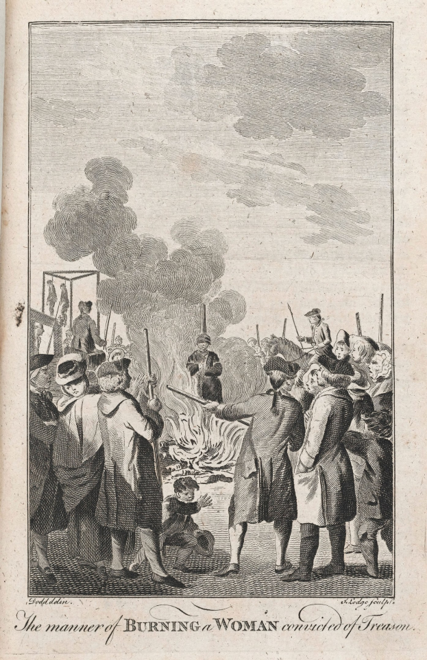 Gruppe von Menschen um ein Feuer versammelt mit aufsteigendem Rauch, beschriftet "Die Art und Weise, wie eine Frau, die wegen Hochverrats verurteilt wurde, verbrannt wird" unten.