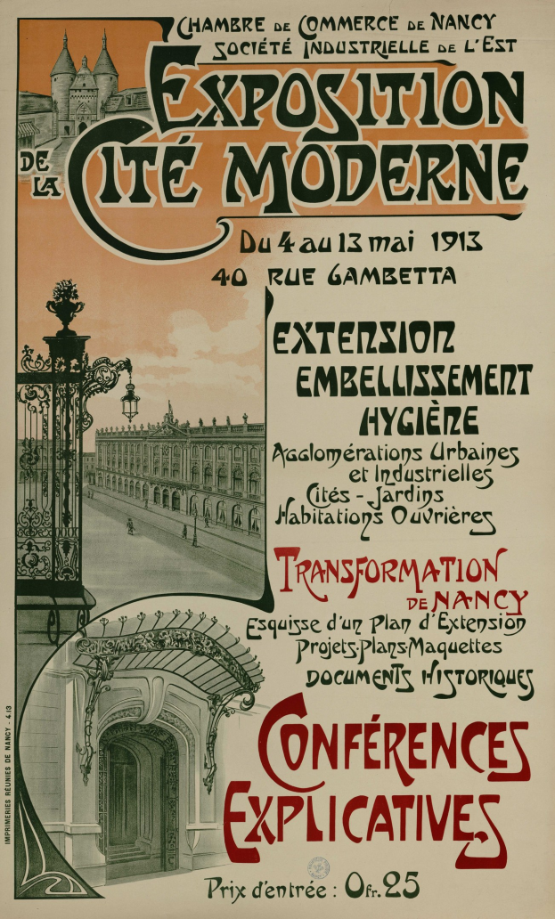 Plakat für eine Ausstellung in Cite Moderne mit einem Bild eines Gebäudes, eines Tors und eines bewölkten Himmels mit Text zu den Ausstellungseinzelheiten.