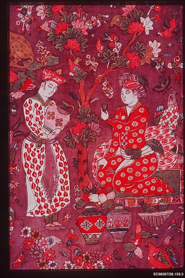 Gemälde eines Mannes und einer Frau in traditioneller chinesischer Kleidung, umgeben von Blumen, Vögeln und anderen Gegenständen, in einem Foto Rahmen.