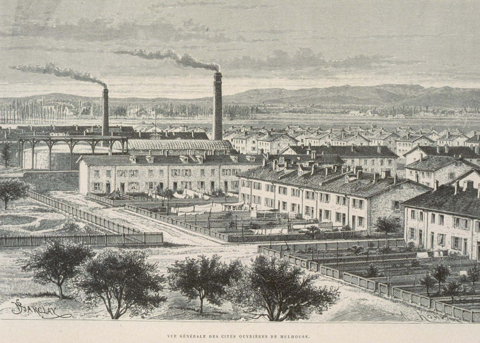 Schwarze und wei├če Illustration einer futuristischen Stadt mit Geb├Ąuden, B├Ąumen, Gras, Masten, einer Brücke und Rauch, der aus den Schornsteinen steigt, vor Hügeln und einem bew├Âlktem Himmel, mit dem Text "Barclay, die Stadt der Zukunft" unten.