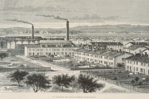 Schwarze und wei├če Illustration einer futuristischen Stadt mit Geb├Ąuden, B├Ąumen, Gras, Masten, einer Brücke und Rauch, der aus den Schornsteinen steigt, vor Hügeln und einem bew├Âlktem Himmel, mit dem Text "Barclay, die Stadt der Zukunft" unten.