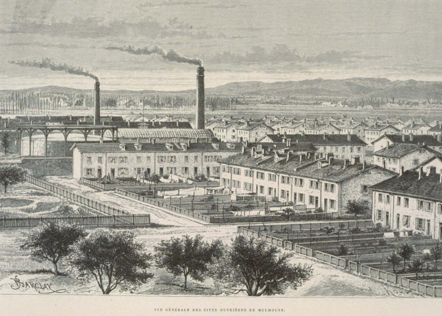 Schwarze und wei├če Illustration einer futuristischen Stadt mit Geb├Ąuden, B├Ąumen, Gras, Masten, einer Brücke und Rauch, der aus den Schornsteinen steigt, vor Hügeln und einem bew├Âlktem Himmel, mit dem Text "Barclay, die Stadt der Zukunft" unten.