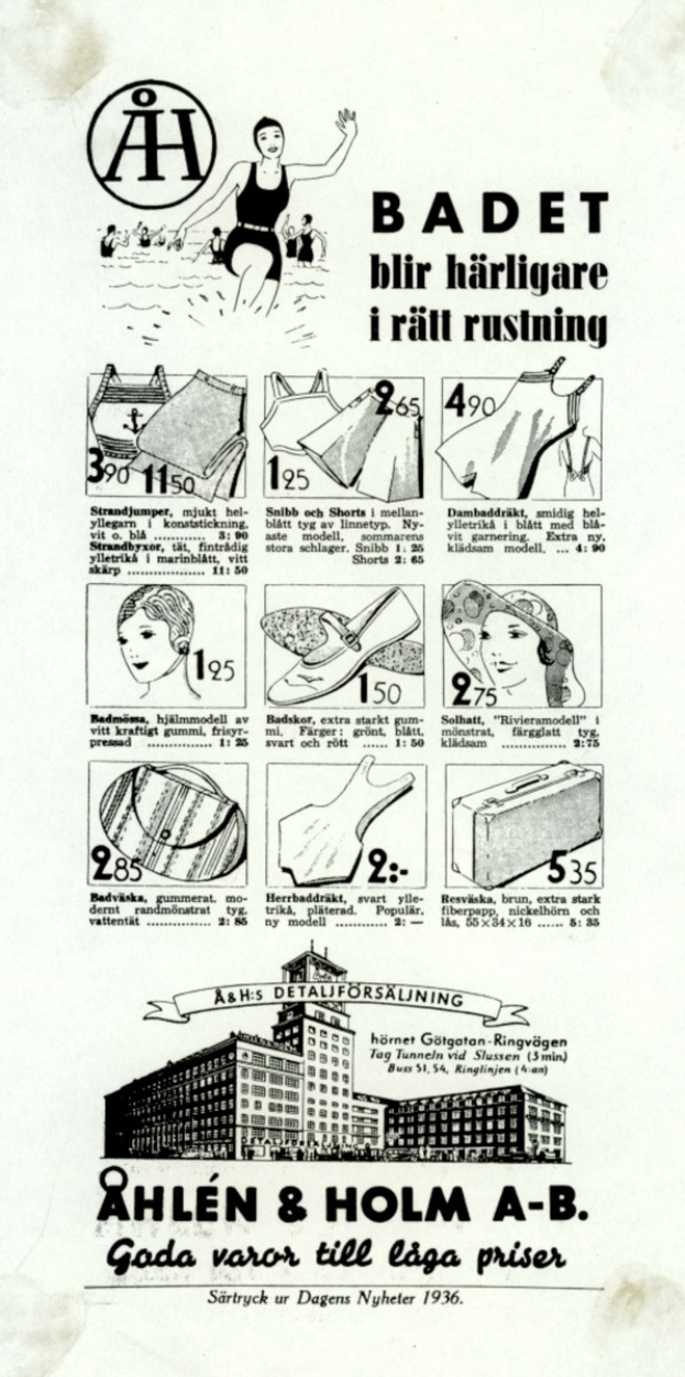 Eine Frau in einem weißen Bikini mit blauen und weißen Streifen posiert in einer Werbung, ihr Pferdeschwanz ist zurückgebunden, ihr Blick trifft den des Betrachters, umgeben von Bildern von Menschen, Gebäuden und fetter Schrift.