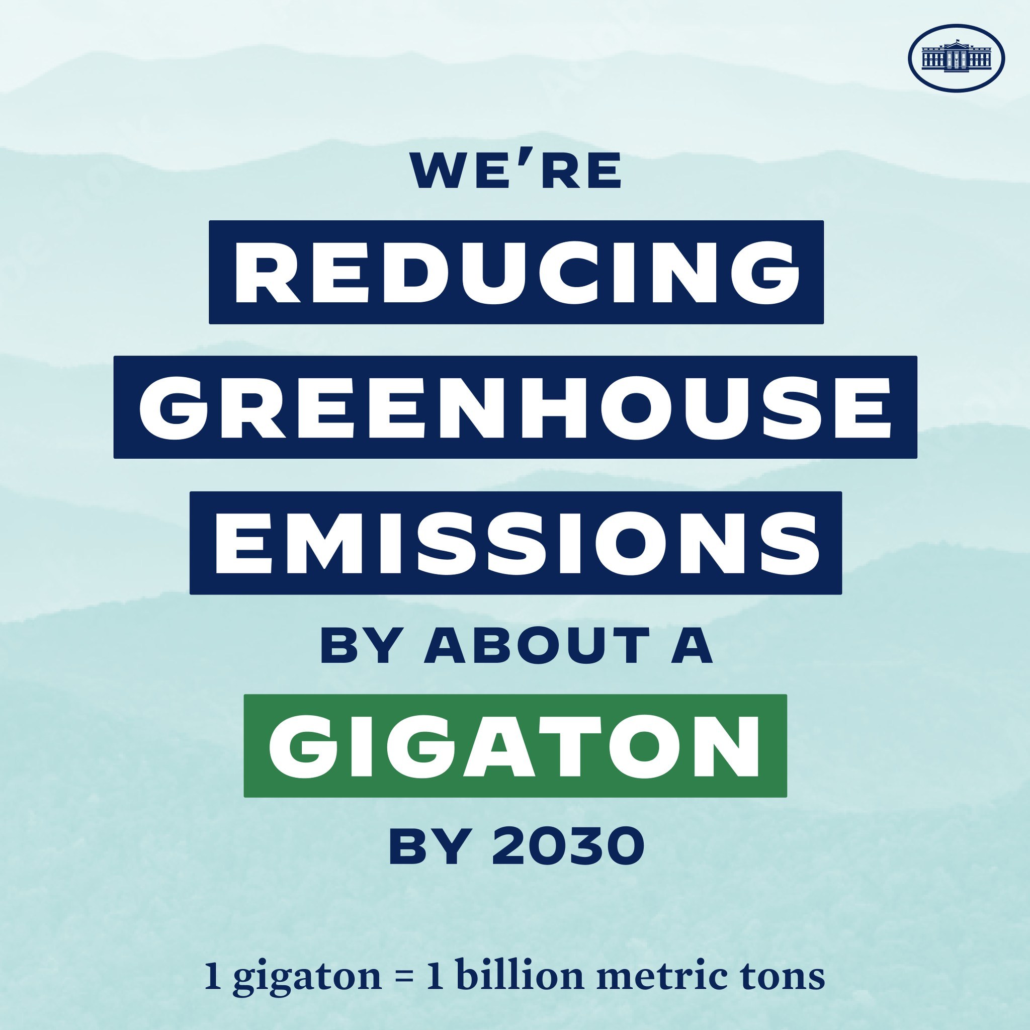 Plakat mit Text und Logo, das "Wir reduzieren die Treibhausgasemissionen um etwa eine Gigatonne bis 2030" fordert und damit für eine signifikante Reduzierung der Treibhausgasemissionen bis 2030 wirbt.