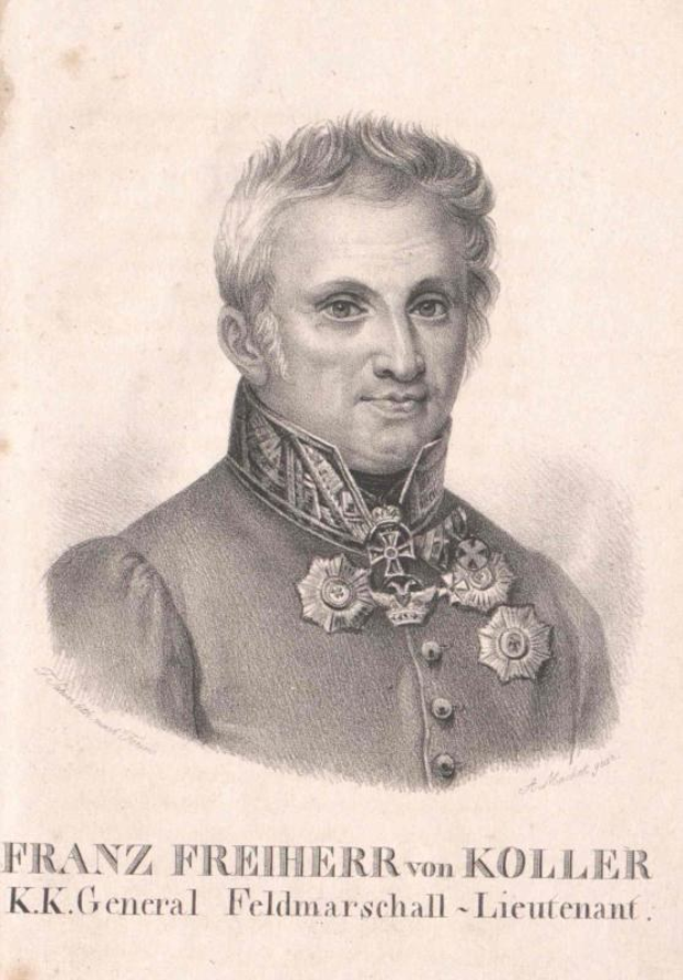 Porträt von Franz Freiherr von Koller, einem deutschen General, in militärischer Uniform mit Text unten.