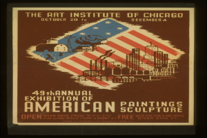 Plakat für die 49. jährliche Ausstellung amerikanischer Malerei und Skulptur des Art Institute of Chicago, mit ausstellungsbezogenem Text und Bildern.