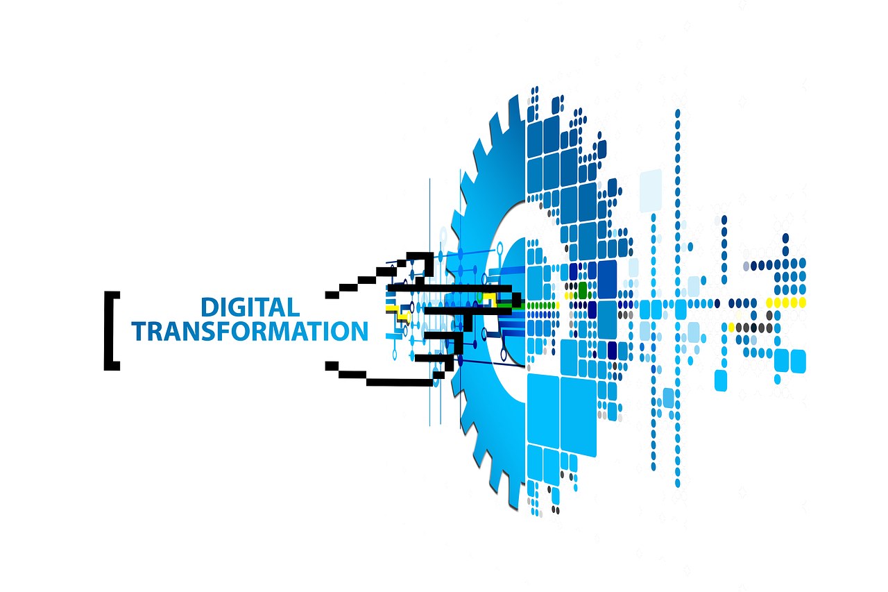 Digitalisierung-Logo mit "Digitalisierung" in der Mitte, umgeben von blauen, schwarzen und gelben Punkten auf weißem Hintergrund.