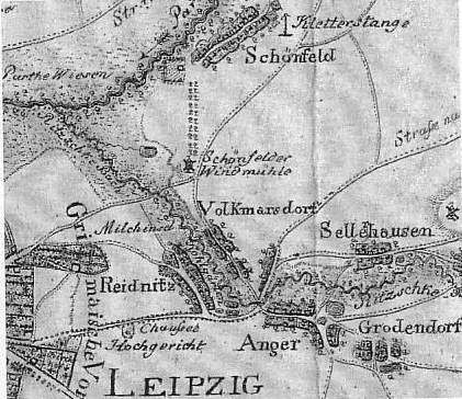 Detailierte alte Karte von Leipzig, Deutschland, die Straßen, Gebäude und Sehenswürdigkeiten zeigt, mit begleitendem Text über Bevölkerung, Straßen und bekannte Orte.