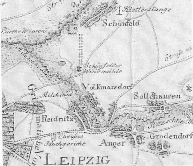 Detailierte alte Karte von Leipzig, Deutschland, die Straßen, Gebäude und Sehenswürdigkeiten zeigt, mit begleitendem Text über Bevölkerung, Straßen und bekannte Orte.