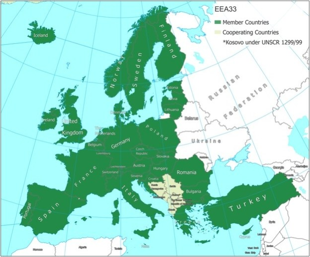 Eine detaillierte Karte von Europa, die die Mitgliedstaaten der Europäischen Union mit ihren Grenzen, wichtigen Städten, Flüssen und geografischen Merkmalen hervorhebt, begleitet von Text, der zusätzliche Länderinformationen bereitstellt.