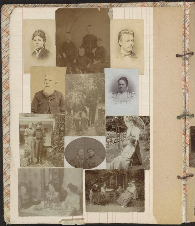 Altes Fotoalbum mit verschiedenen Fotos von Menschen, darunter ein Mann und eine Frau.