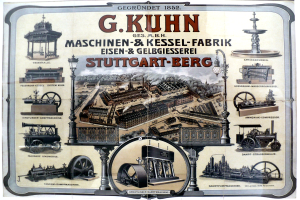 Ein Werbeplakat für die G. Kuhn's Stuttgart-Berg Maschinenbau, das Bilder verschiedener Maschinen und Text zeigt.