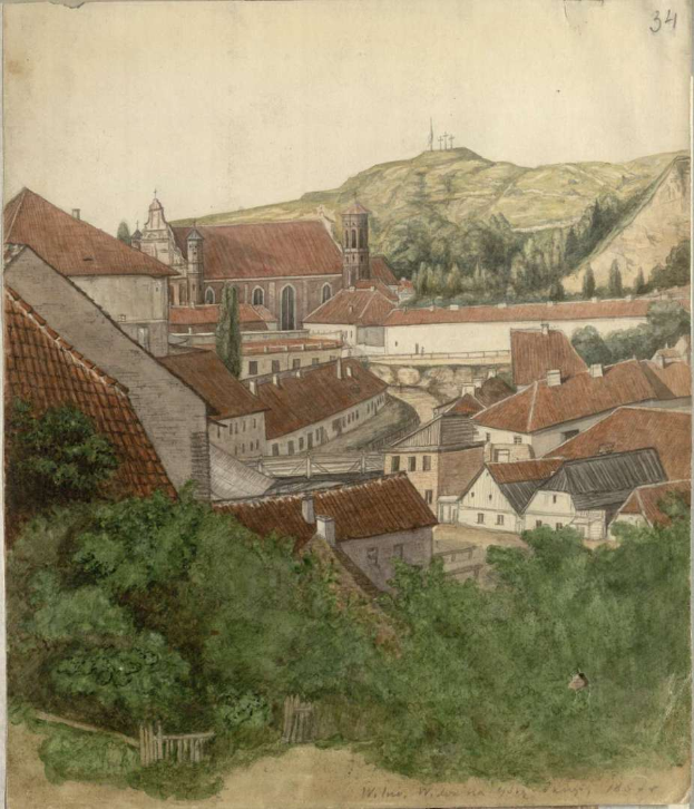 Ein Bild einer kleinen Stadt mit einer Kirche im Hintergrund, umgeben von Bäumen, Hügeln und einem klaren blauen Himmel, mit dem Text "Wiesbaden, Deutschland, 1824" unten.