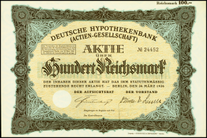 Ein altes deutsches Banknoten mit schwarzem Rand, das ein Männerporträt und den Text 'Deutsche Hypothekenbank Aktien-Gesellschaft' zeigt.