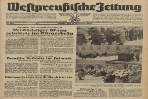 Schwarze Titelseite einer deutschen Zeitung vom 13. November 1939, betitelt "Weitpreubliche Zeitung", mit einer Gruppe von Menschen in traditioneller deutscher Tracht in einer feierlichen Umgebung.