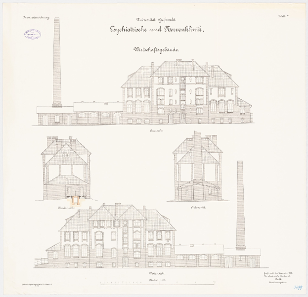 Eine Zeichnung eines mehrfenstrigen Gebäudes mit einem Schornstein, das als Psychiatrieklinik in Deutschland identifiziert wurde, auf einem Papier mit zusätzlichem Text.