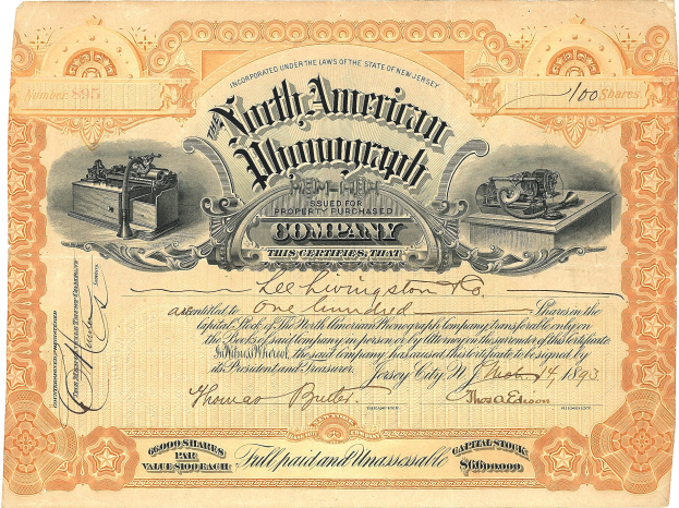 Altes Aktienzertifikat der North American Automobile Company mit dekorativem Text und Bild.