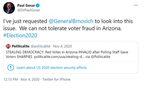 Ein Screenshot des Twitter-Profils von Paul Gosar mit seinem Foto und dem Text "Wir können keine Wahlfälschung in Arizona dulden."